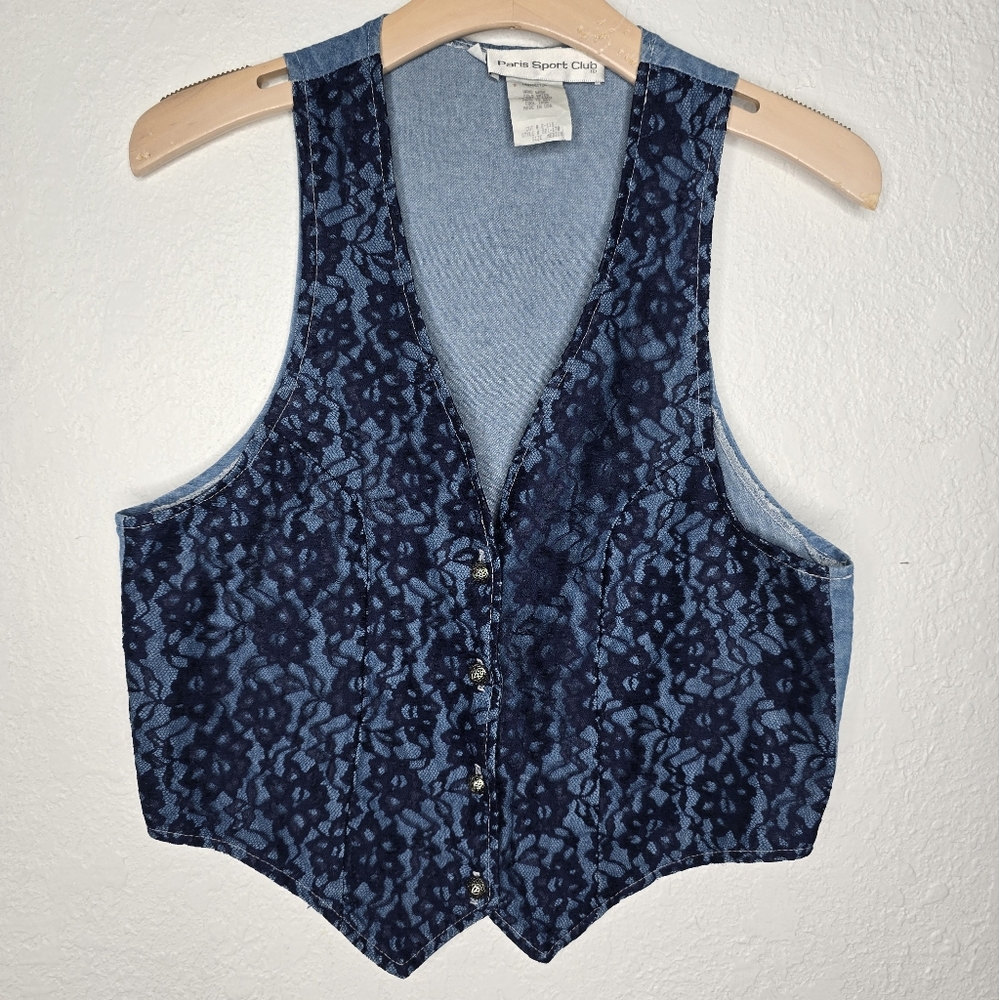 Vtg Paris Sport Sheer Mesh Floral Lace Overlay Blue Denim Vest Sz M